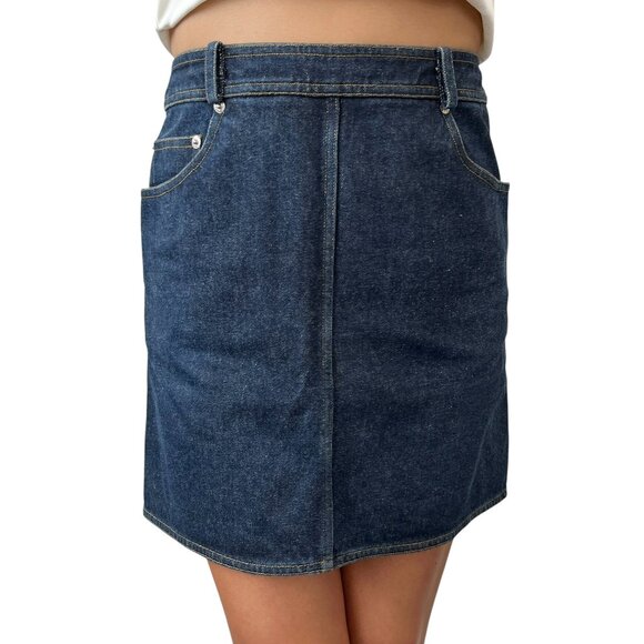 CHANEL Vintage 96P CC Mark Logo Denim Skirt #36 Dark Blue Yellow Cotton [106356] - Picture 1 of 13